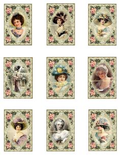 six pictures of women with hats and flowers