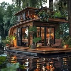 a houseboat floating on top of a lake surrounded by trees and greenery in the evening