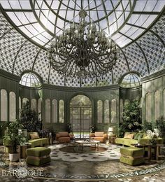 an artistic rendering of a living room with green furniture and chandelier in the ceiling