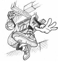 a drawing of a cartoon character flying through the air with his feet in the air