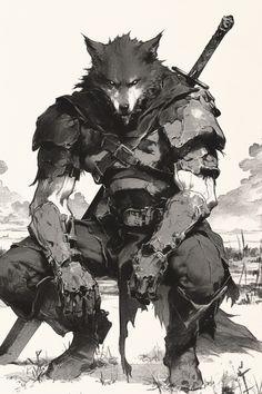 #manga #warrior #fantasy #man #woman #wolfman Werewolf Barbarian Dnd, Wolfman Character Design, Fenrir Human Form, Animism Aesthetic, Dnd Wolf Character, Werewolf Armor, Norse Monsters, Armored Werewolf, Wolf In Sheeps Clothing Art