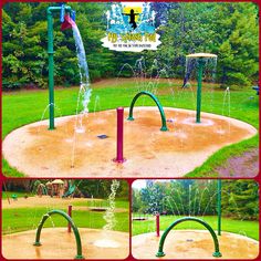 four different views of a playground with water spouting from the top and bottom