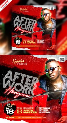 two flyers for a nightclub party with an image of a man in sunglasses and the words after