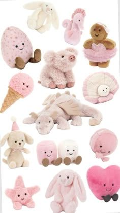 several stuffed animals are arranged in rows on a white background, including one with an ice cream cone and the other with hearts