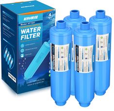 three blue water filters are next to the box