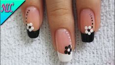 DISEÑO DE UÑAS FLORES BLANCO Y NEGRO ¡Muy Fácil! - FRENCH NAIL ART - NLC - YouTube French Art Nails, Nail Art Simple Design, Easy French Nails, Nail Art With Flowers, French Tip Nail Art Designs, Easy Flower Nail Art, Ideas Para Uñas, Easter Nails Designs, Cute Easter Nails