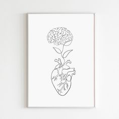 a black and white drawing of a human heart with a flower