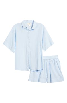 Crisp PJs with a collared short-sleeve shirt and elastic-waist shorts are ones you'll want to wear all weekend long. 26 1/2" length top; 2 1/2" inseam; 31" leg opening; 12 1/2" front rise; 16" back rise (size Medium) Top has front button closure; notched collar; short sleeves; chest patch pocket Shorts have elastic waist 55% cotton, 45% viscose Machine wash, tumble dry Imported Summer Short Sleeve Camp Shirt For Daywear, Summer Camp Shirt For Daywear With Short Sleeves, Summer Collared Camp Shirt For Daywear, Blue Short Sleeve Short Set For Spring, Summer Short Sleeve Camp Shirt For Loungewear, Summer Daywear Collared Camp Shirt, Cotton Collared Camp Shirt For Loungewear, Casual Summer Short Set With Collared Shape, Spring Daywear Short Set