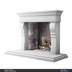 a white fireplace with a mantel on the top and an open fire place below it