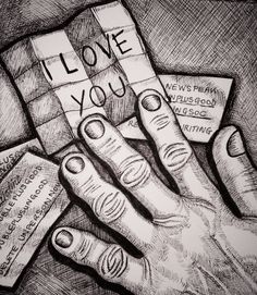 a drawing of two hands holding cards with the words i love you written on them