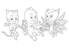 three cartoon characters flying in the air