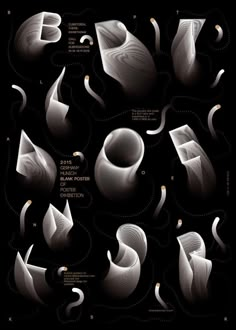 an abstract black and white poster with different shapes