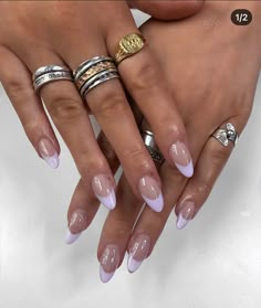 Lilac French Tip Nails, Nail Tips Ideas, Elegant Almond Nails, Trendy Almond Nails, Nail Design Glitter, Colourful Nails, Lilac Nails