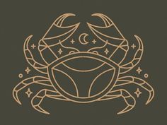 a brown crab with stars and crescents on it's back, against a black background