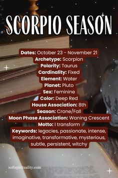 an advertisement for the scorpio season with books and a crystal ball on top