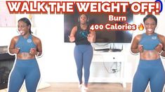 two women are doing exercises in front of a tv and the words walk the weight off burn