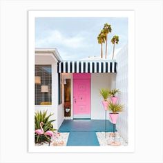 Yard Flamingos, Mid Century Palm Springs, Pink Front Door, Palm Springs Home, Eclectic Interior Design, Pink Door, Boutique Interior, Chandelier Design, Eclectic Interior