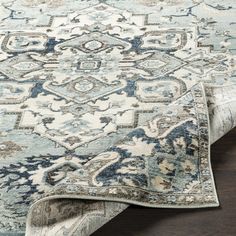 a blue and beige area rug on the floor