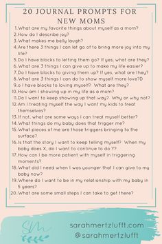 a list with the words, 20 journal prompts for new moms on it