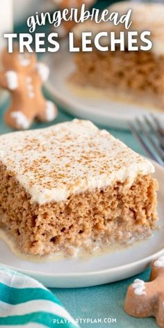 a close up of a piece of cake on a plate with gingerbread in the background