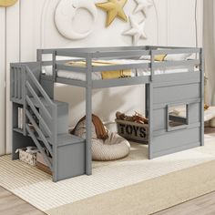 a loft bed with stairs and storage underneath it in a room that has white walls