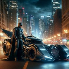 the dark knight batman car is shown in front of a cityscape at night