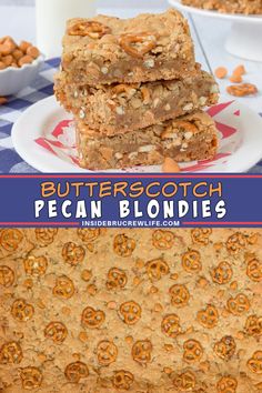 peanut butterscotch pecan blondies are stacked on top of each other with the words, butterscotch pecan blondies