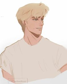 a drawing of a man with blonde hair and blue eyes wearing a white t - shirt