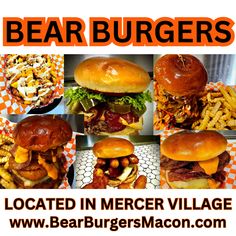 an advertisement for a restaurant called bearburgers with pictures of hamburgers and fries