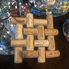 a bunch of wine corks sitting on top of a table