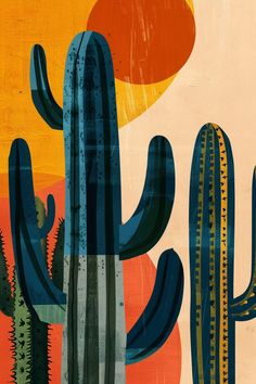 an abstract painting of cactuses and sunsets