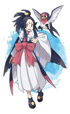 an anime character with long black hair and a red bow on her head, standing next to a bird