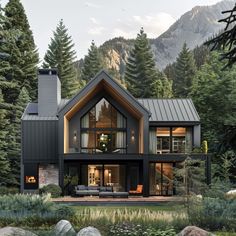 a house in the woods with lots of windows