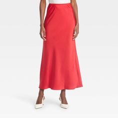 Dress up for brunches, lunches or dinners in chic style with this Maxi Slip Skirt from A New Day™. This maxi-length slip skirt is made from lightweight satin fabric for all-day comfort, while the full elastic waistband lends a secure fit. Tailored in a high-rise silhouette with a slim fit for a flattering look, you can pair this skirt with your fave tops and footwear for versatile ensembles. A New Day™: Style that goes wherever you do. Red Slip Skirt Outfit, Slip Skirt Outfit, Maxi Slip Skirt, Head Turning Outfits, Midi Sweater Skirt, Target Clothes, Over 50 Womens Fashion, Slip Skirt, Women Maxi