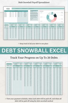 the debt snowball excel sheet is shown in blue and white, with text below it