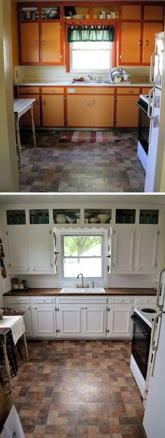 before and after pictures of a kitchen remodel with white cabinets, brown floor tiles