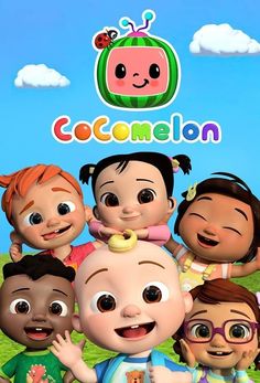 the children are standing together in front of a sign that says cocomelon on it