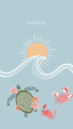 a card with two crabs and a turtle swimming in the ocean