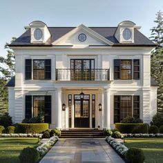 a large white house with black shutters on the front door and windows, surrounded by greenery