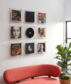 a red couch sitting next to a potted plant on top of a wooden table