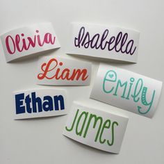 six name stickers with different colors on them