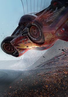 a red car is flying through the air