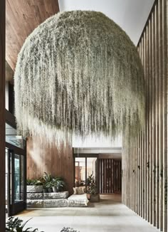 the inside of a building with plants hanging from it's ceiling