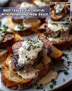 beef tenderi crostini with parmesan cream sauce on toasted bread