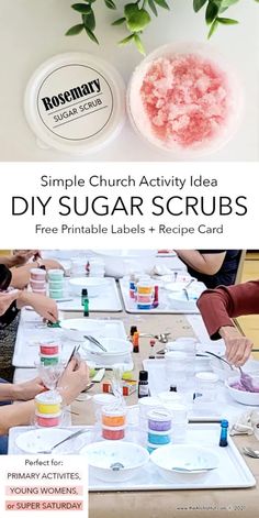 the simple church activity idea for diy sugar scrubs with free printable labels and recipe card