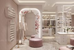 the interior of a dressing room with pink furniture and floral wallpapers on the walls