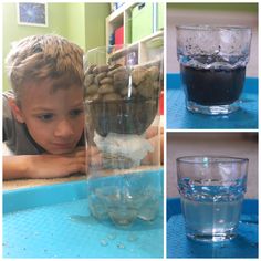 there are three pictures of a boy with his head in a glass and the bottom is filled with water