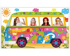 three girls in front of a school bus with the words grooy on it