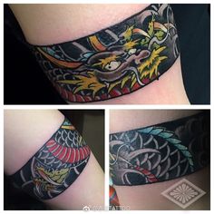 three different images of a dragon tattoo on the side of a woman's arm