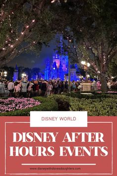 the disney world at night with text overlay that reads, disney after hours events